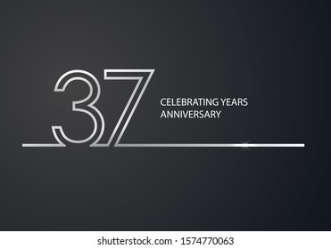 37 Years Anniversary logotype with silver colored font numbers made of one connected line, isolated on black background for company celebration event, birthday - Vector