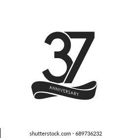 37 years anniversary pictogram vector icon, 37 years birthday logo label, black and white stamp isolated