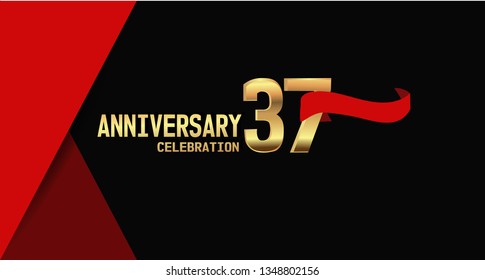 37 years Anniversary simple design with golden font and red ribbon, black and red background. red ribbon on the second font. elegant and simple design