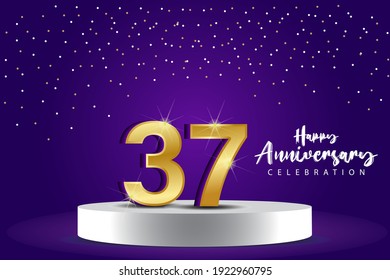 Ilustración de diseño de plantillas vectoriales de 37 años de aniversario. Números 3d azules con escenario de podio para celebración
