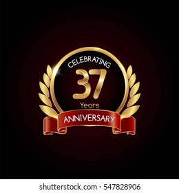37 years gold anniversary celebration logo with red ribbon , isolated on dark background
