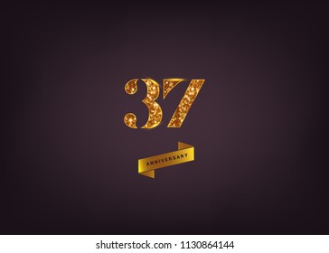 37 Years gold Anniversary logotype made from golden glitter isolated on black background for company celebration event, birthday