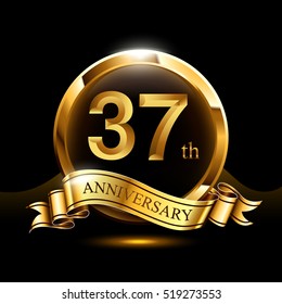 37 years golden anniversary logo celebration with ring and ribbon.