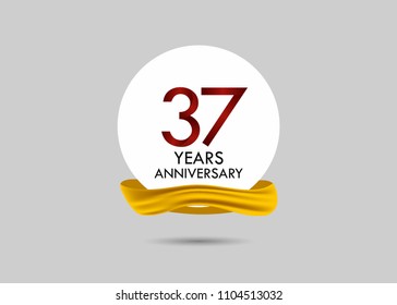 37 years red anniversary vector design inside white circle with golden ribbon for celebration event 
