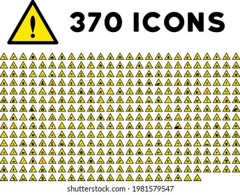 370 warning icons in flat style. 370 warning icons is a vector icon set of danger, exclamation, problem, warn, failure, accident symbols. These simple pictograms designed for safety purposes. 370