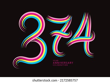 374 number design vector, graphic t shirt, 374 years anniversary celebration logotype colorful line,374th birthday logo, Banner template, logo number elements for invitation card, poster, t-shirt.