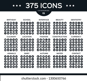 375 Vector Icons  Beauty, Fashion, Baby,school, Education, Animals,autumn, Interface And More.Pack Icon.