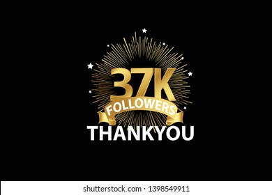 37K, 37000, 37.000 Followers anniversary, minimalist logo years, jubilee, greeting card. invitation. Sign Ribbon Gold space vector illustration on black background - Vector svg