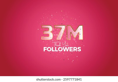 37M isolated on pink background with sparkling confetti, Thank you followers peoples, golden, Black number 37M online social group, 38M