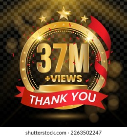 37M+ Vistas Logotipo con oro y confeti rojo aislado en fondo negro (PNG), diseño vectorial para la celebración de la visualización de vídeo.