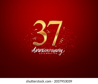 37th anniversary background with 3D number illustration golden numbers and Anniversary Celebration text with golden confetti on red background.