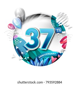 37th anniversary background with balloon and confetti on white. 3D paper style illustration. Poster or brochure template. Vector illustration.