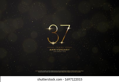 37th anniversary background with an illustration of golden figures there is a ray of light in front of a black background.