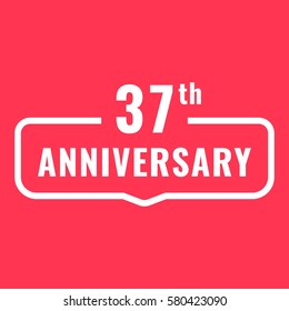 37th anniversary. Badge icon, logo. Flat vector illustration on red background. Can be used for birthday, wedding or company event.