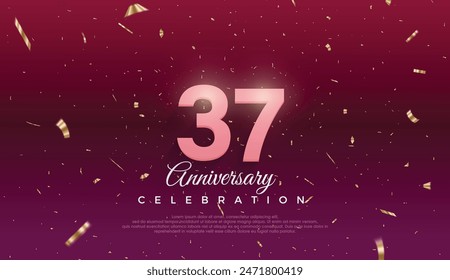 37th Anniversary celebration, 37 Anniversary celebration, Dark purple background, festive illustration,Realistic 3d sign, stars, Pink number with red ribbon 37 sparkling confetti, 37,38
