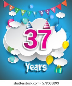 37th Anniversary Celebration Design, with clouds and balloons, confetti. Vector template elements for your, thirty seven years birthday celebration party.