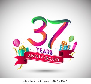 37th Anniversary Celebration Design, with gift box and balloons, Red ribbon, Colorful Vector template elements for your, thirty seven years birthday celebration party.