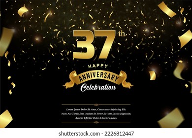 37th anniversary celebration Gold numbers with dotted halftone, shadow and sparkling confetti. modern elegant design with black background. for wedding party event decoration.