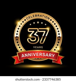 37th anniversary celebration logo design with golden color emblem style and red ribbon, vector template