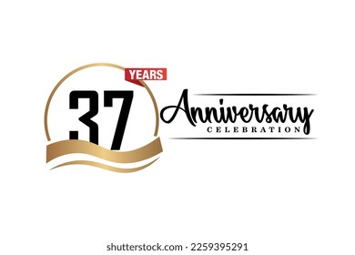 37th anniversary celebration logo vector design with gold black and red color on white background cute black color font   