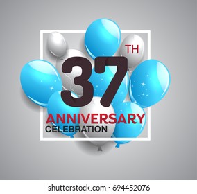 37th anniversary celebration logotype. anniversary logo with balloon in white rectangle.  Vector design for celebration, birthday, party, festival, invitation card, and greeting card