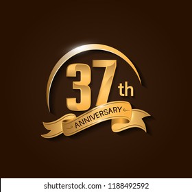 37th Anniversary design logotype. Anniversary logo design with swoosh and elegance golden ribbon. Vector template for use celebration, invitation card, and greeting card
