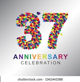 37th anniversary design logotype paper hearts multi-color for celebration