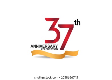 37th anniversary design logotype red color and golden ribbon for celebration isolated on white background