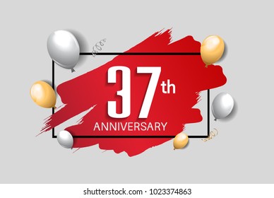 37th anniversary design with red brush, balloons, and square isolated on white background for celebration