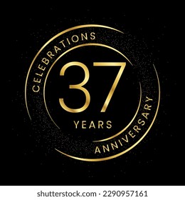 37th anniversary, golden anniversary with a circle, line, and glitter on a black background.