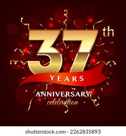 37th Anniversary logo design with golden numbers and red ribbon for anniversary celebration event, invitation, wedding, greeting card, banner, poster, flyer, brochure, book cover. Logo Vector Template