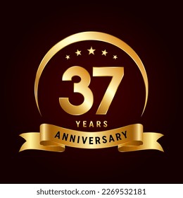 37th Anniversary logo design with golden ribbon. Logo Vector Template Illustration