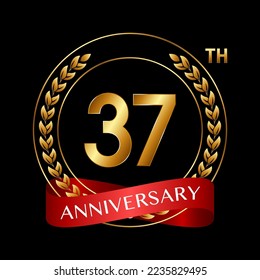 37th Anniversary. Anniversary Logo Design with Laurel Wreath and Red Ribbon for Celebration Event, Wedding, Invitation, Greeting Card. Logo Vector Illustration