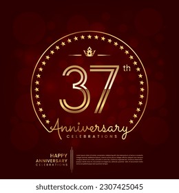 37th anniversary logo with double line number and golden text for birthday celebration event, invitation, banner poster, flyer, and greeting card, vector template