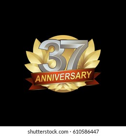 37th Anniversary logo with golden wreath, silver number, red ribbon, black background