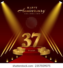 37th anniversary logo with numbers and podium in gold color, logo design for celebration event, invitation, greeting card, banner, poster, and flyer, vector template