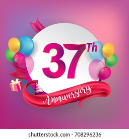 37th Anniversary logo with ribbon, balloon, and gift box isolated on circle object and colorful background