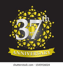 37th anniversary logo with silver and gold ribbon. Vector design template elements for your birthday celebration.