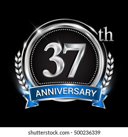 37th anniversary logo with silver ring combination blue ribbon. Vector template for birthday celebration, party, wedding, invitation and greeting card