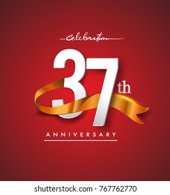 37th anniversary logotype with golden ribbon isolated on red elegance background, vector design for birthday celebration, greeting card and invitation card.