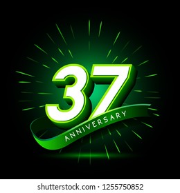 37th anniversary neon text vector design template. green number neon logo, light banner design element colorful design trend, night bright advertising neon text anniversary event party template