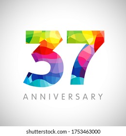37th anniversary numbers. 37 years old logotype. Bright congrats. Isolated abstract graphic design template. Creative 3, 7 sign digits. Up to 37%, -37% percent off discount. Congratulation concept