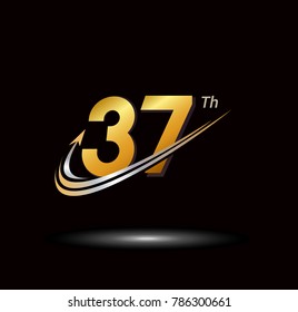 37th anniversary with swoosh and arrow icon. fast and forward golden anniversary logo on black background