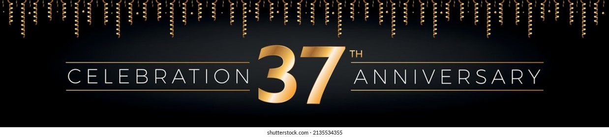37th anniversary. Thirty-seven years birthday celebration horizontal banner with bright golden color.