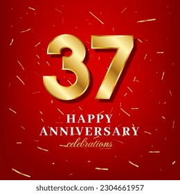 37. Jubiläum-Vektorvorlage mit goldener Zahl und goldener Konfetti auf rotem Hintergrund