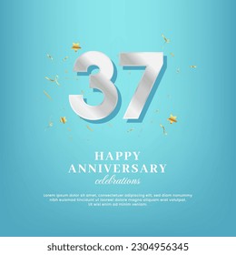 37th anniversary vector template with a white number and confetti spread on a gradient background