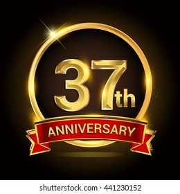 37th golden anniversary logo with ring and red ribbon isolated on black background, vector design for birthday celebration, marriage, corporate, and your business.