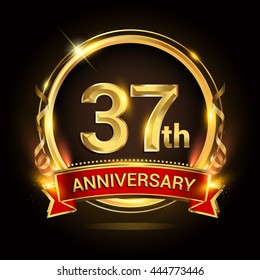 37th golden anniversary logo with ring and red ribbon, vector design.