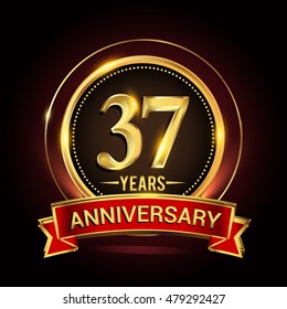 37th golden anniversary logo with ring and red ribbon. Vector design template elements for your birthday celebration.