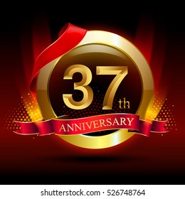 37th golden anniversary logo with ring and red ribbon. Vector design template elements for your birthday celebration.
